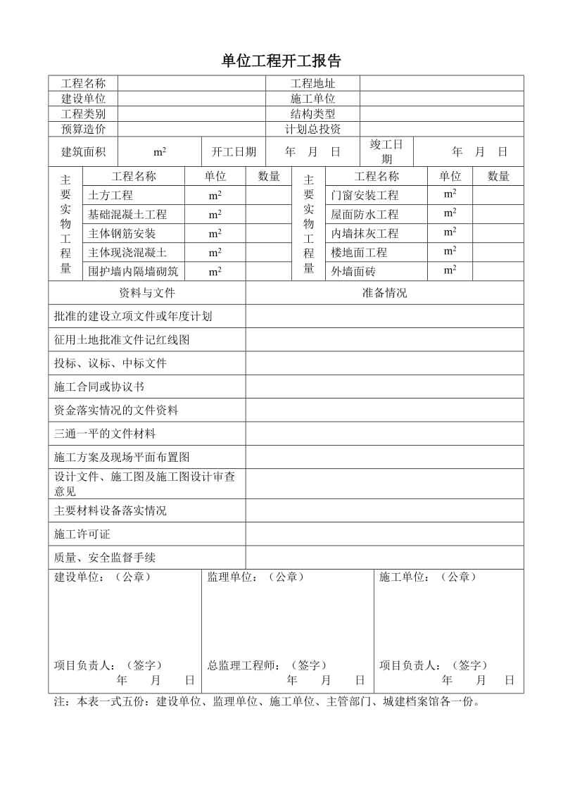 单位工程开工报告中含有建筑工程部分施工用表格.doc_第1页