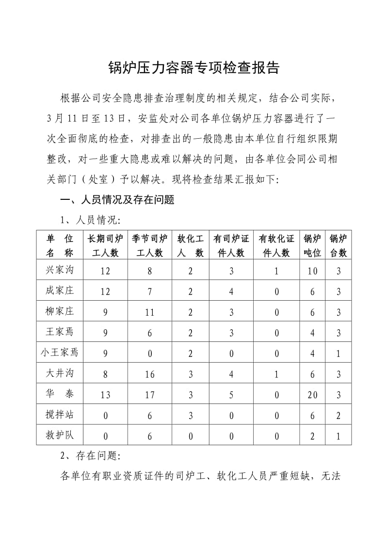 蒸汽锅炉专项检查报告.doc_第1页