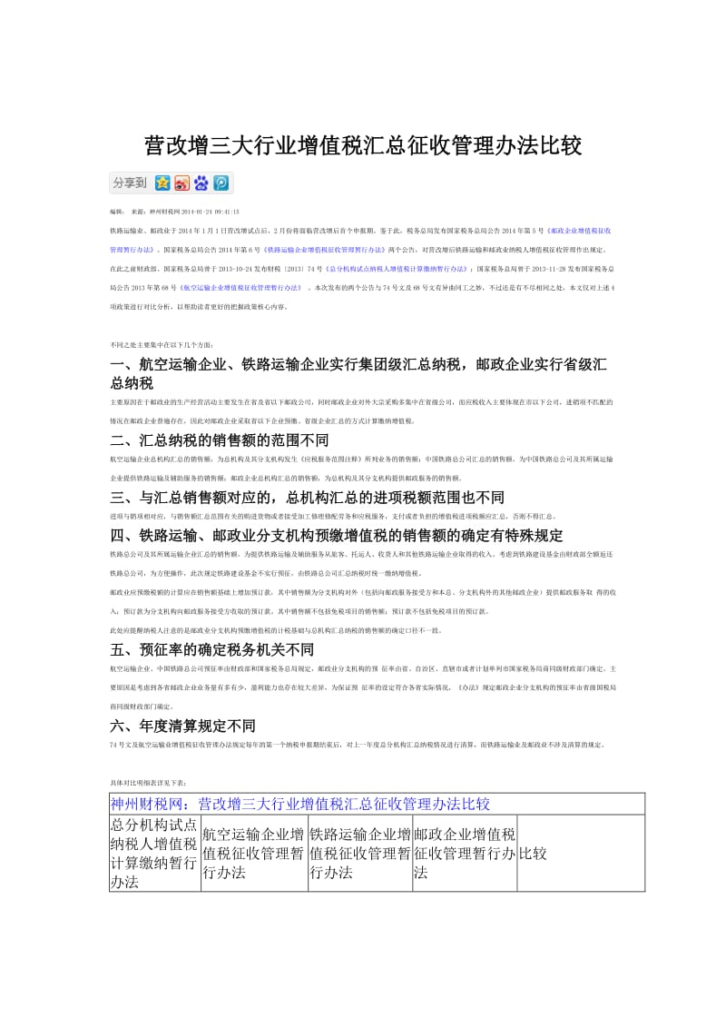 营改增三大行业增值税汇总征收管理办法比较.doc_第1页