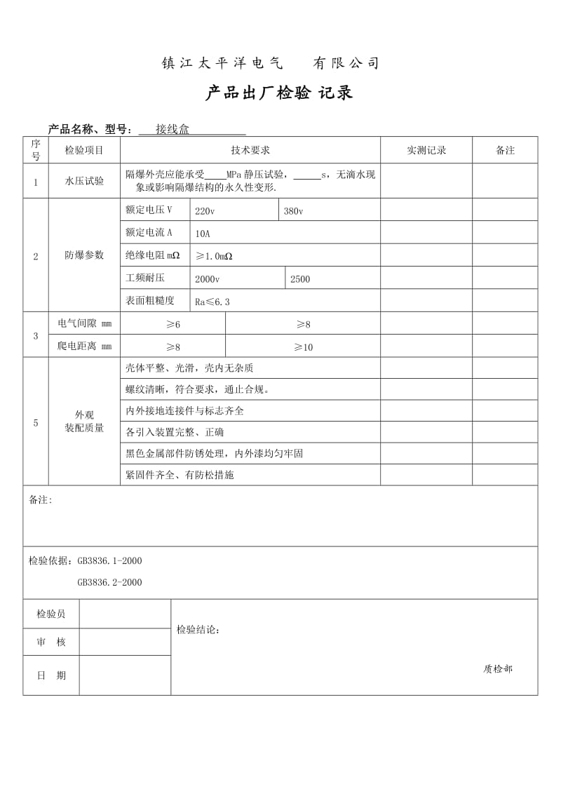 防爆接线盒.出厂检验报告.doc_第1页