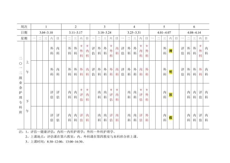 2012级业余护理专科班2013年春季学期教学进程表.doc_第2页