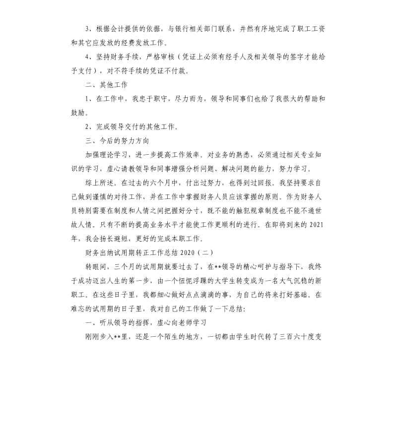 财务出纳试用期转正工作总结2020.docx_第2页