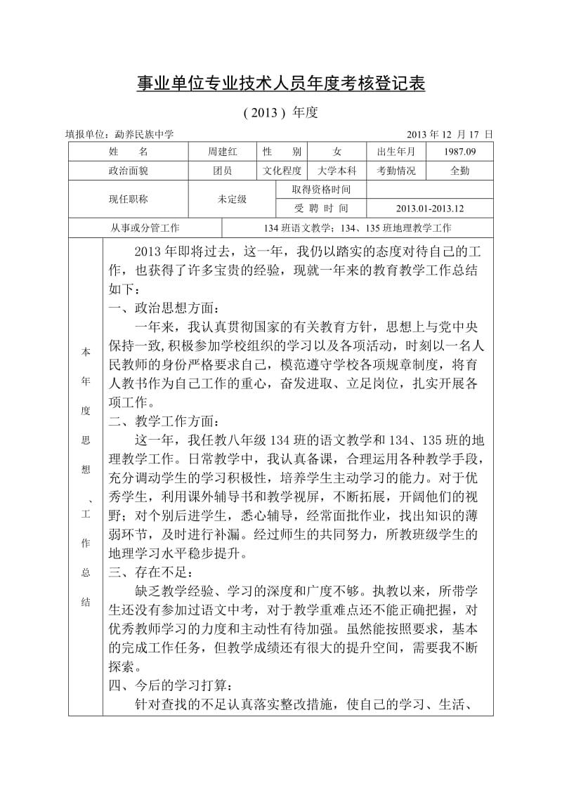 事业单位专业技术人员年度考核登记表(思想工作总结).doc_第1页