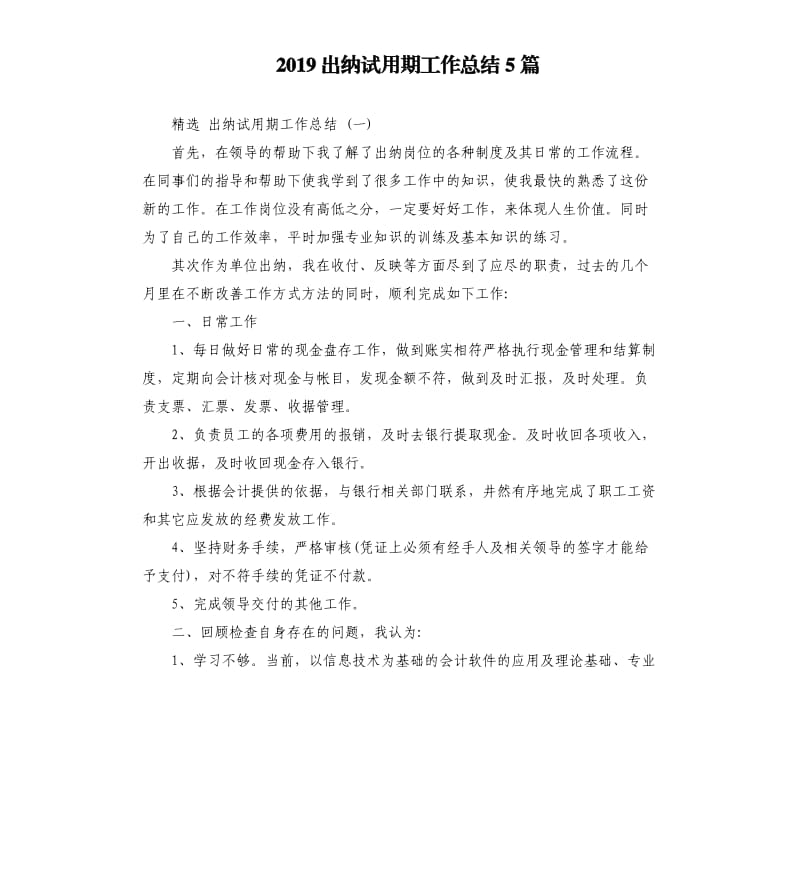 2019出纳试用期工作总结5篇.docx_第1页