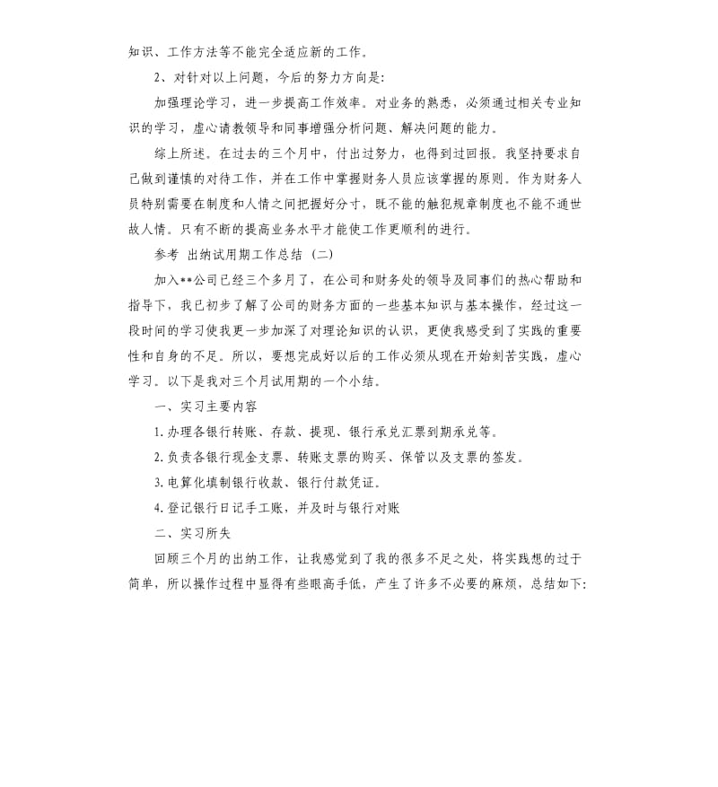 2019出纳试用期工作总结5篇.docx_第2页