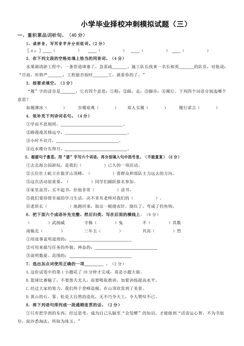 2011年小学毕业择校冲刺模拟试题.doc_第1页