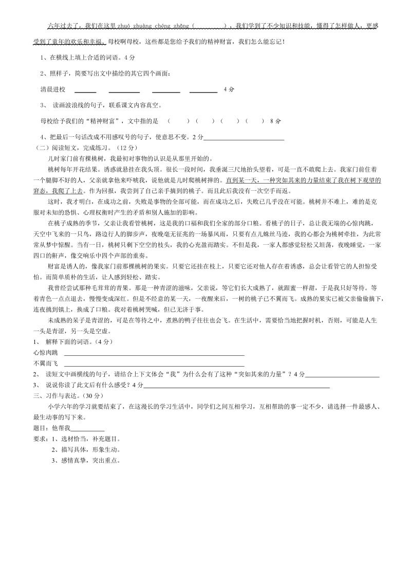 2012苏教版小学语文六年级毕业考试卷.doc_第2页