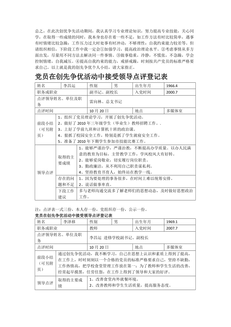 党员在创先争优活动中接受领导点评登记表.docx_第2页