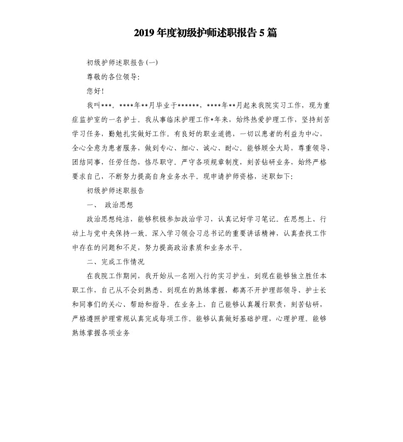 2019年度初级护师述职报告5篇.docx_第1页