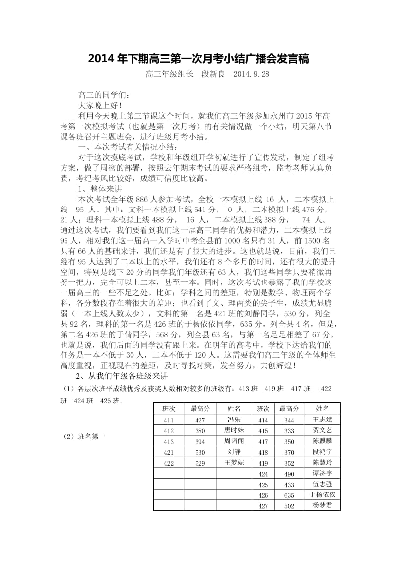 永州市2015年高考第一次模拟考试质量分析会发言稿.doc_第1页