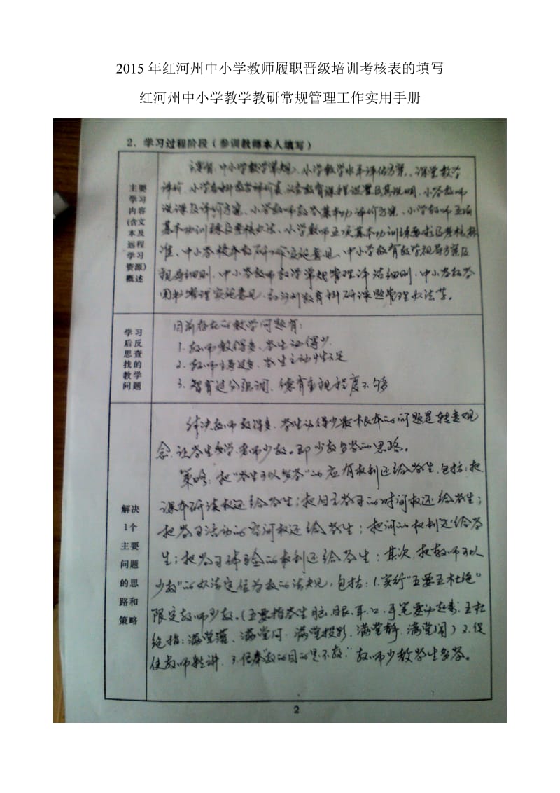 2015年红河州中小学教师履职晋级培训考核表的填写.doc_第1页