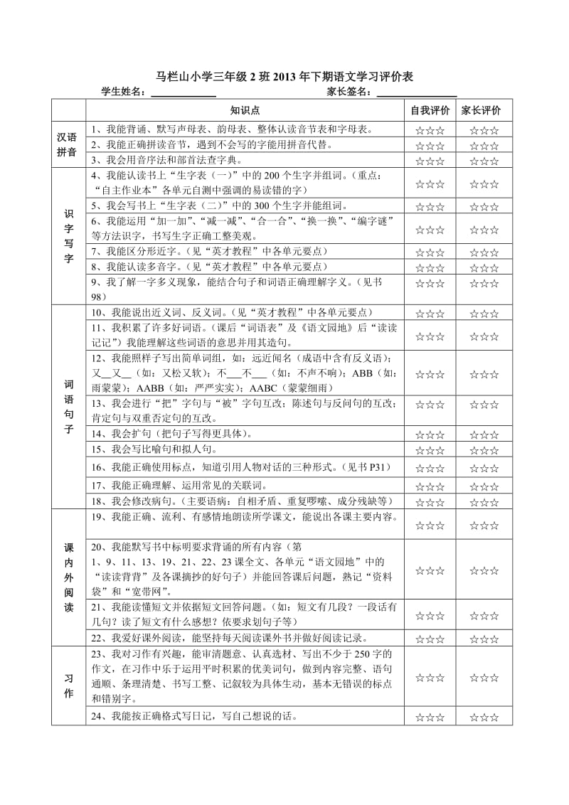 三年级上语文学习学生自评表.doc_第1页