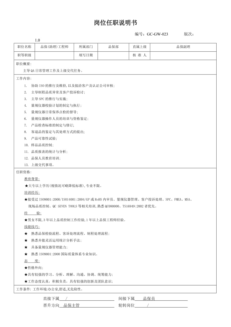 品保(助理)工程师工作职掌.doc_第1页