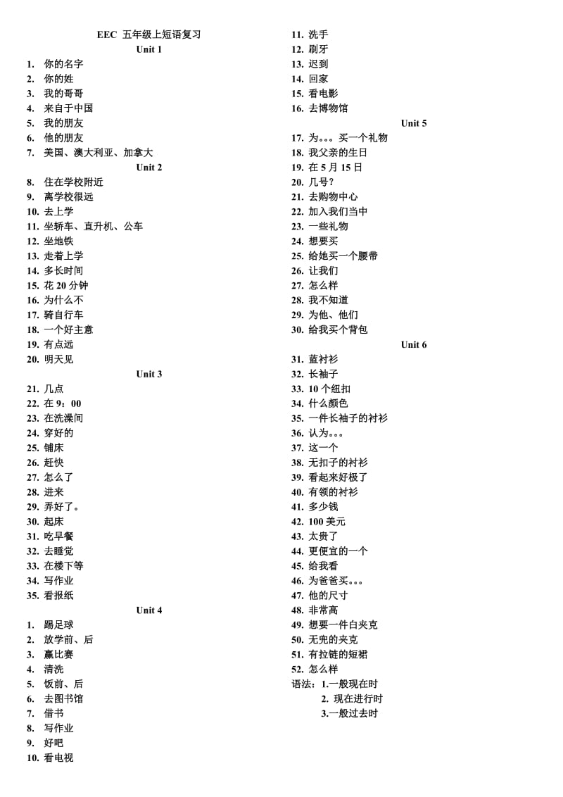 EEC五年级上短语复习.doc_第1页