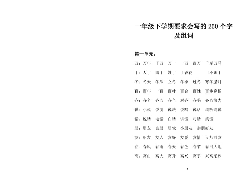 一年级下学期要求会写的250个字及组词-排版.docx_第1页