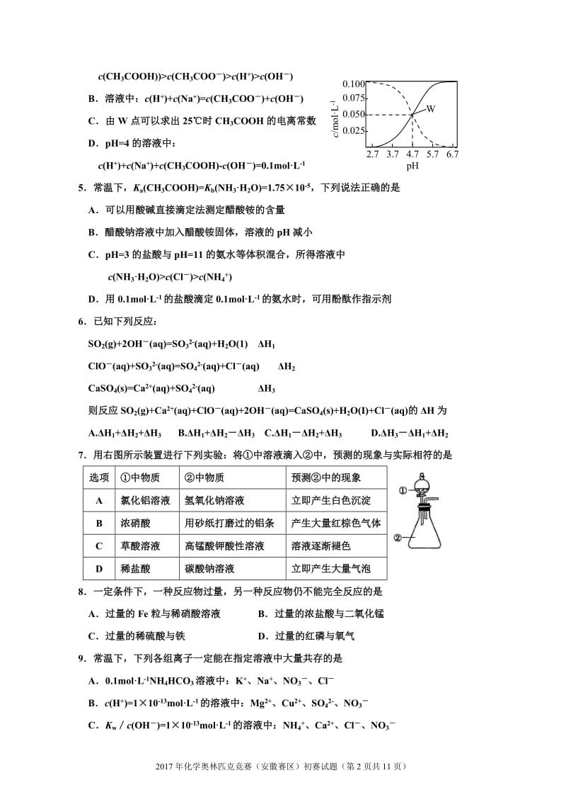 2017年高中化学竞赛(安徽赛区)初赛试题及参考答案 (精校)_第2页