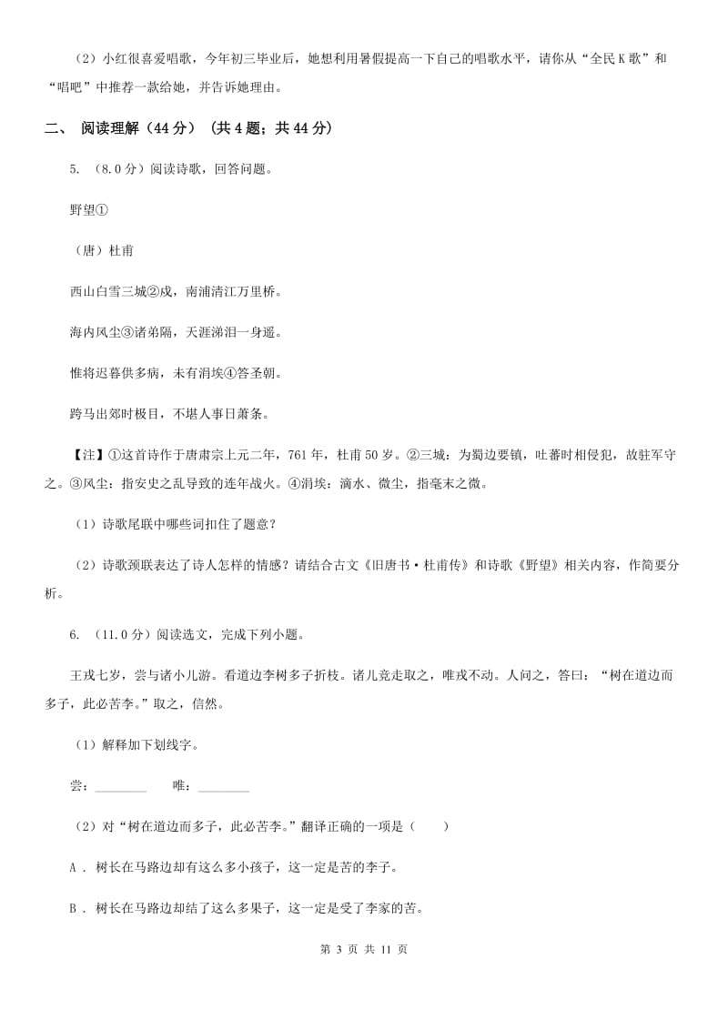 北师大版2019-2020学年九年级下学期语文第二次模拟试卷（I）卷_第3页