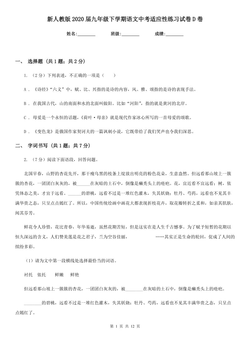 新人教版2020届九年级下学期语文中考适应性练习试卷D卷_第1页