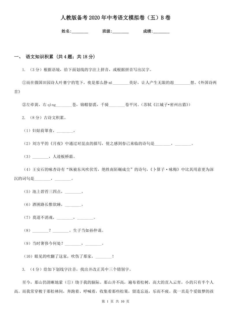 人教版备考2020年中考语文模拟卷（五）B卷_第1页