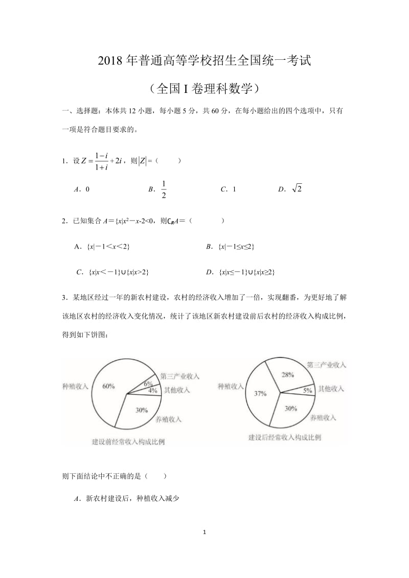 2018高考数学全国1卷1(理科数学)_第1页