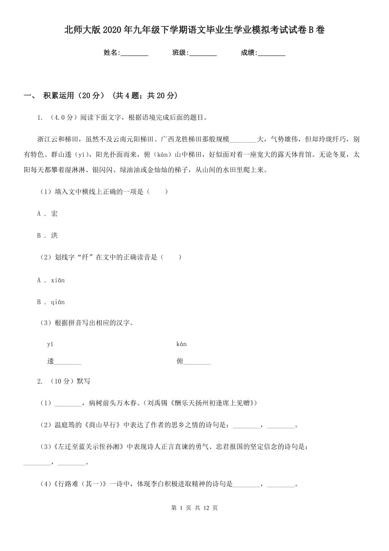 北师大版2020年九年级下学期语文毕业生学业模拟考试试卷B卷_第1页