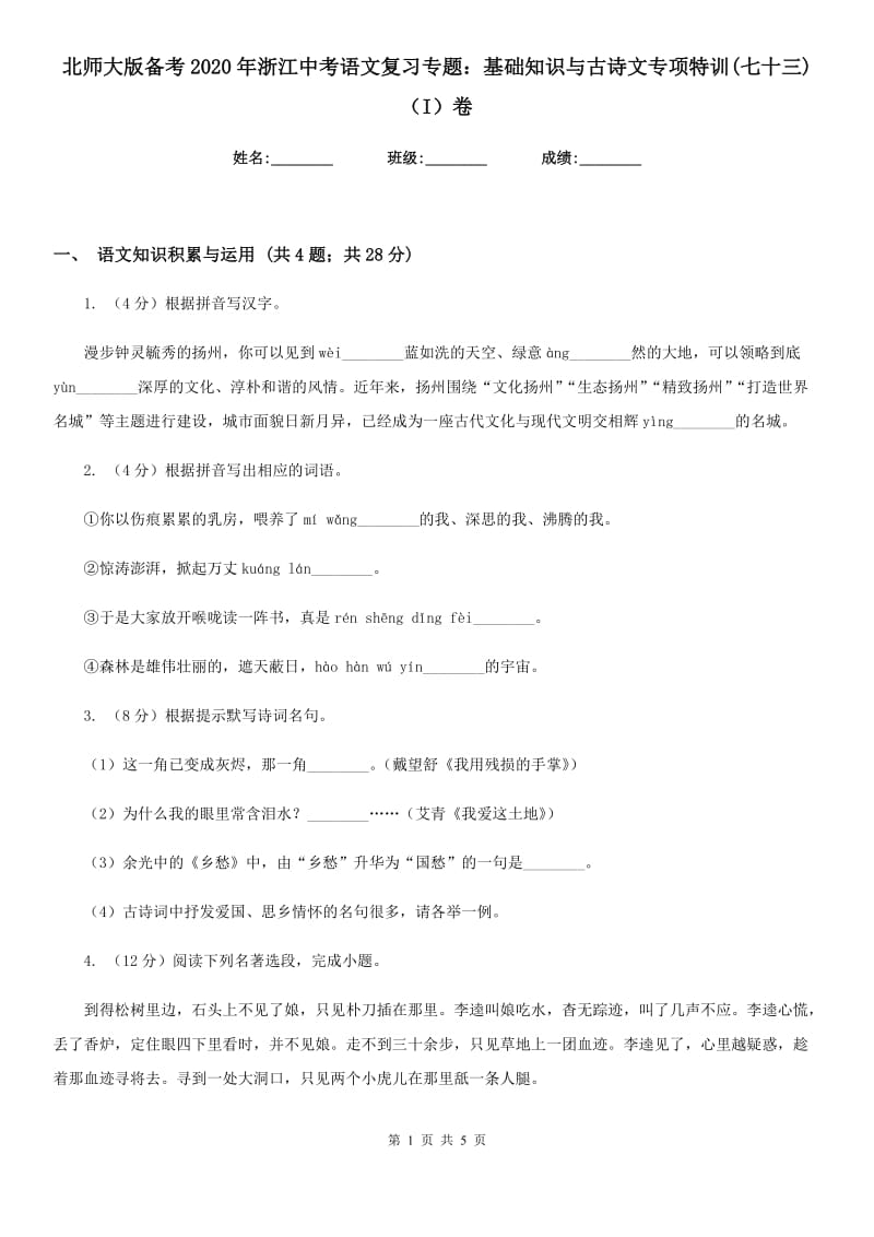 北师大版备考2020年浙江中考语文复习专题：基础知识与古诗文专项特训(七十三)（I）卷_第1页