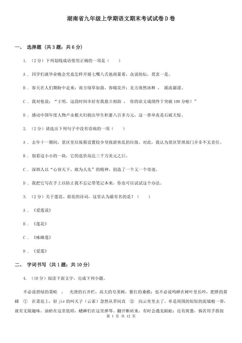 湖南省九年级上学期语文期末考试试卷D卷_第1页