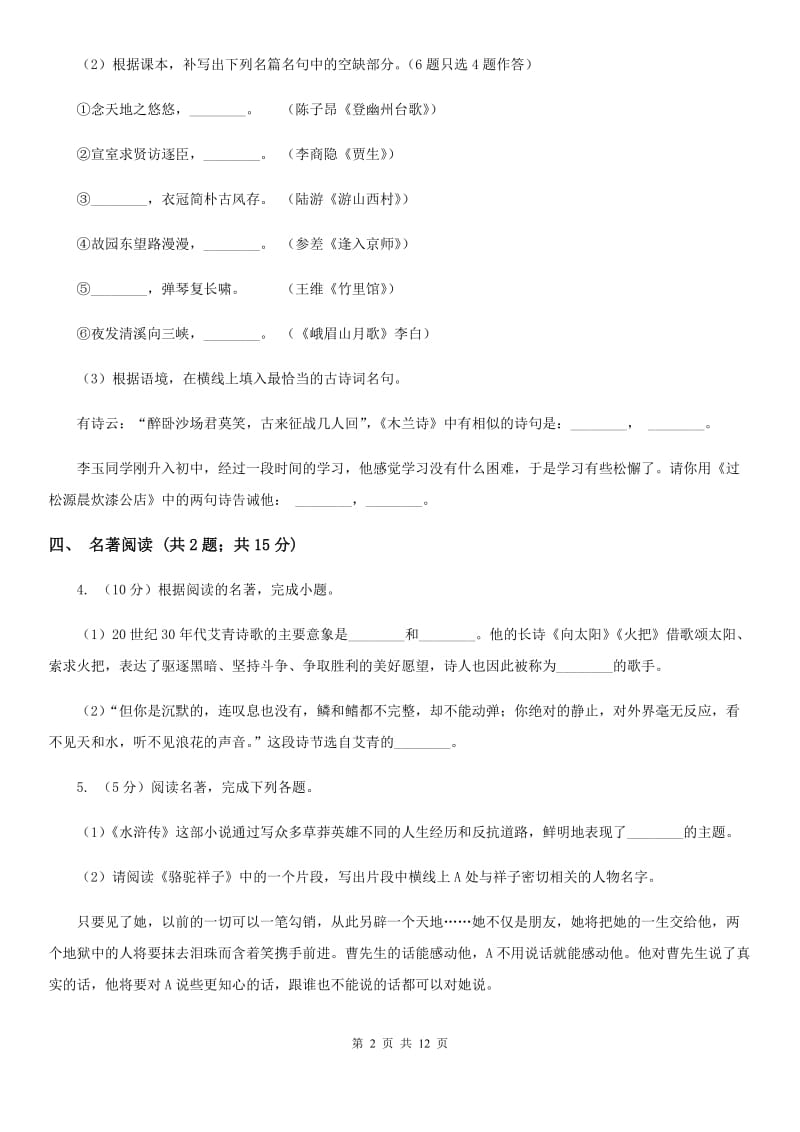 北师大版2020届九年级语文初中毕业生学业适应性考试试卷C卷_第2页