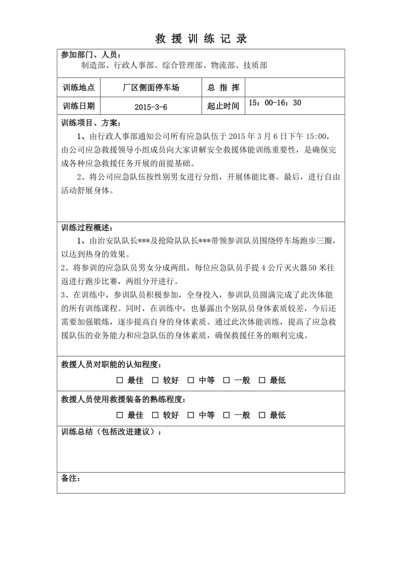 2015年应急救援队伍训练记录_第1页