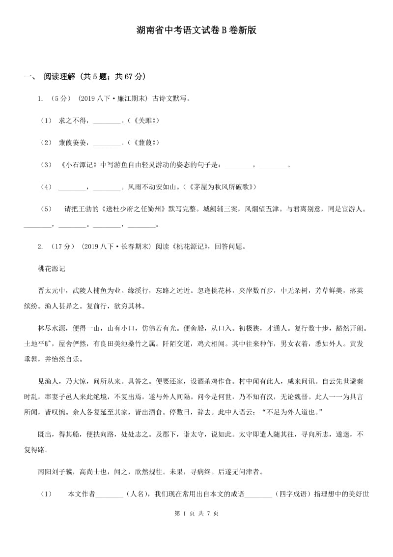 湖南省中考语文试卷B卷新版_第1页