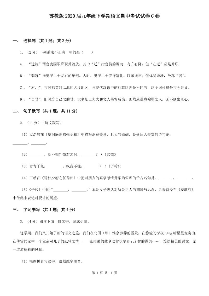 苏教版2020届九年级下学期语文期中考试试卷C卷_第1页