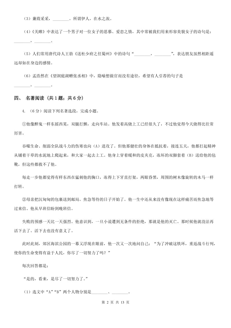 人教版2020届九年级语文文理基础调研模拟考试试卷A卷_第2页