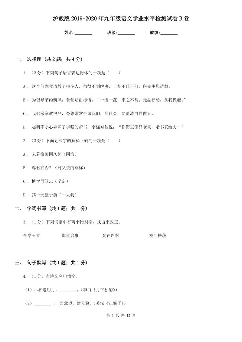 沪教版2019-2020年九年级语文学业水平检测试卷B卷_第1页