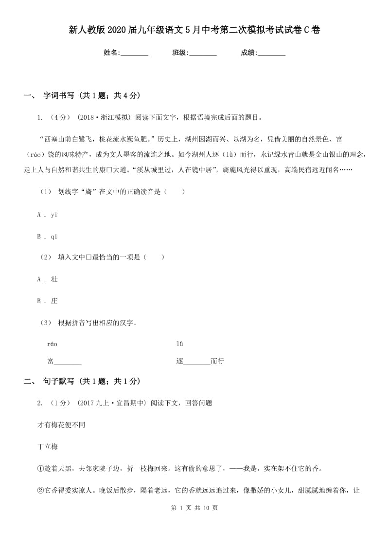 新人教版2020届九年级语文5月中考第二次模拟考试试卷C卷_第1页