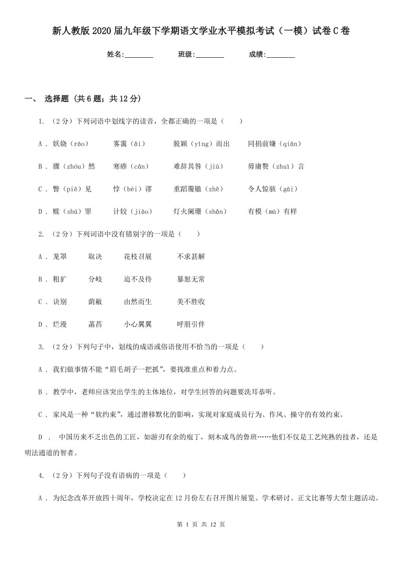 新人教版2020届九年级下学期语文学业水平模拟考试（一模）试卷C卷_第1页