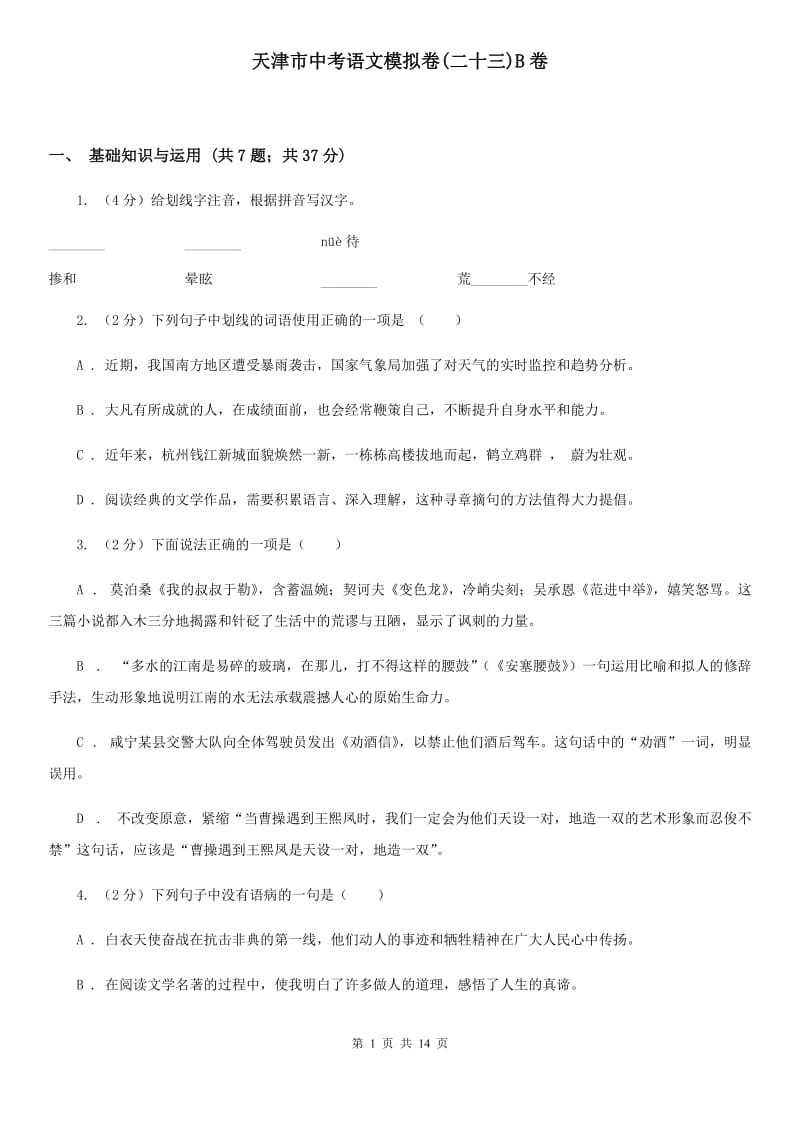 天津市中考语文模拟卷(二十三)B卷_第1页