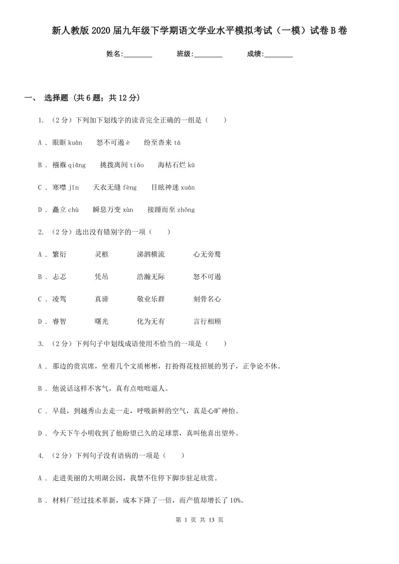 新人教版2020届九年级下学期语文学业水平模拟考试（一模）试卷B卷_第1页