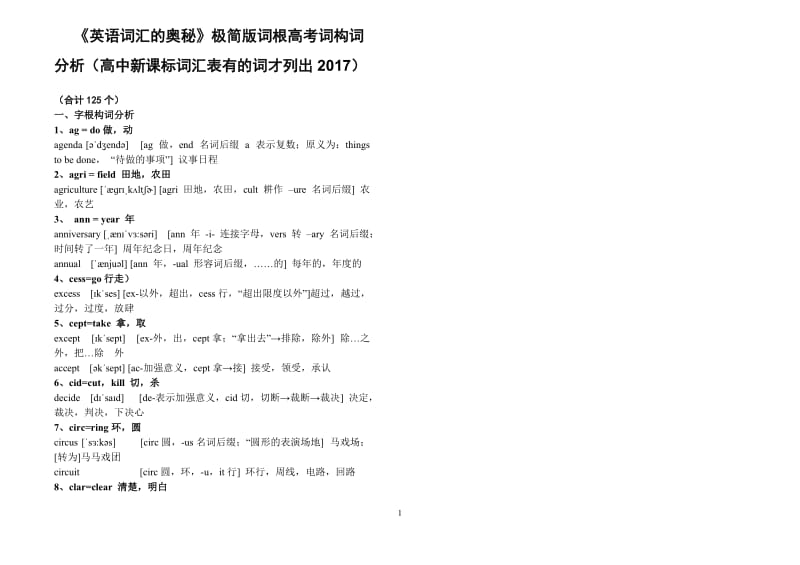 2018年高考英语高频词汇乱序639个+词根高考词构词分析125个_第1页