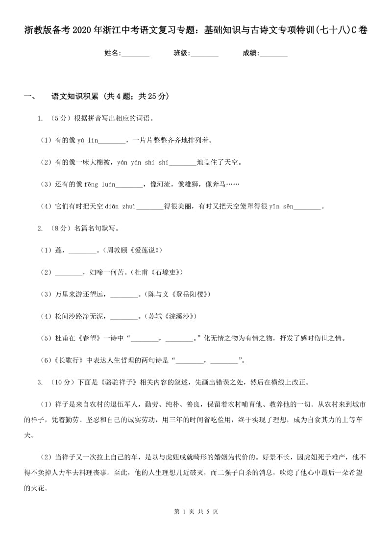 浙教版备考2020年浙江中考语文复习专题：基础知识与古诗文专项特训(七十八)C卷_第1页