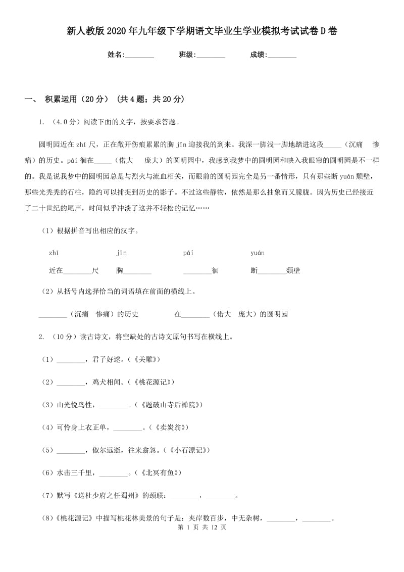 新人教版2020年九年级下学期语文毕业生学业模拟考试试卷D卷_第1页