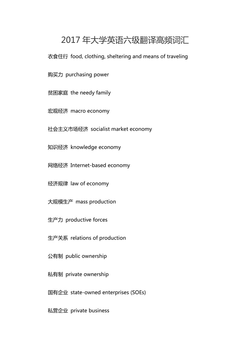 2017年大学英语六级翻译高频词汇_第1页