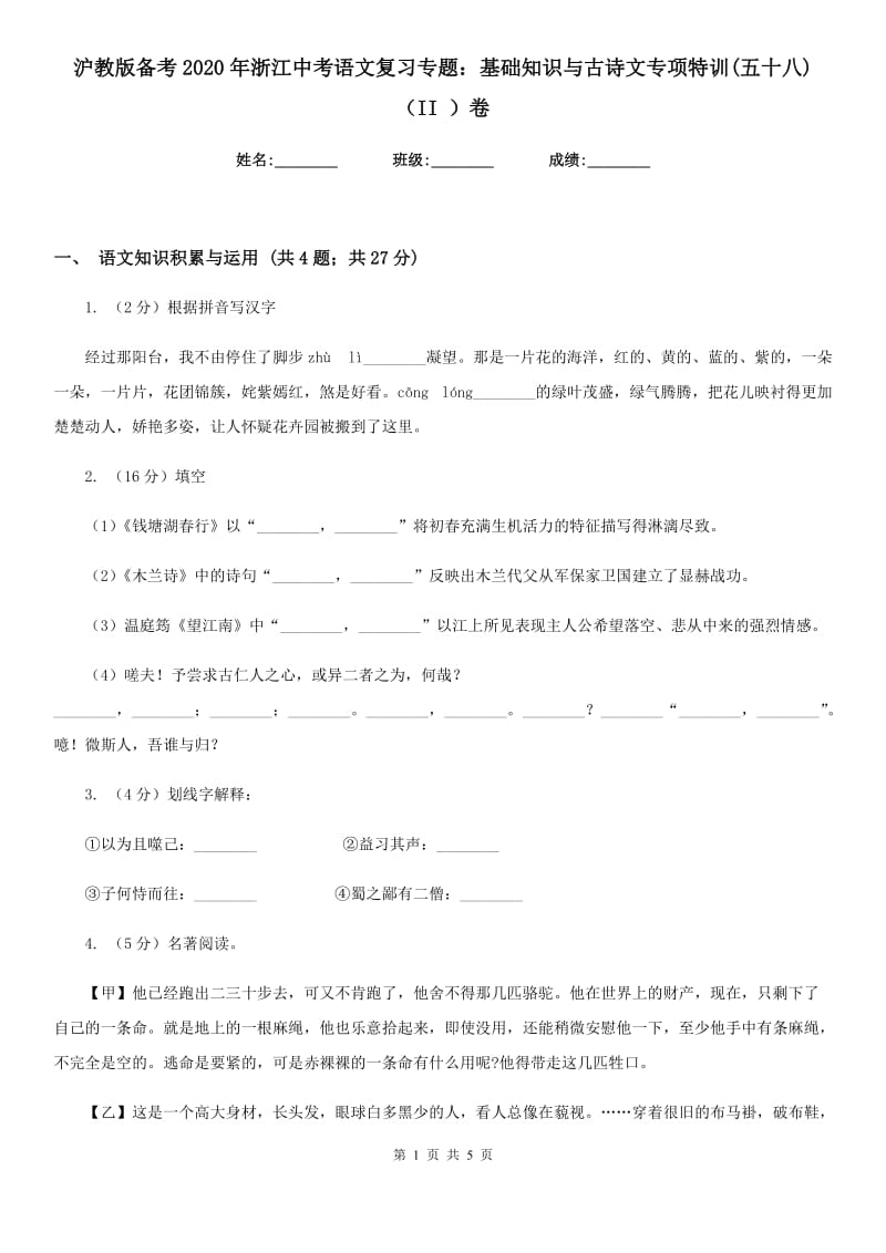 沪教版备考2020年浙江中考语文复习专题：基础知识与古诗文专项特训(五十八)（II ）卷_第1页