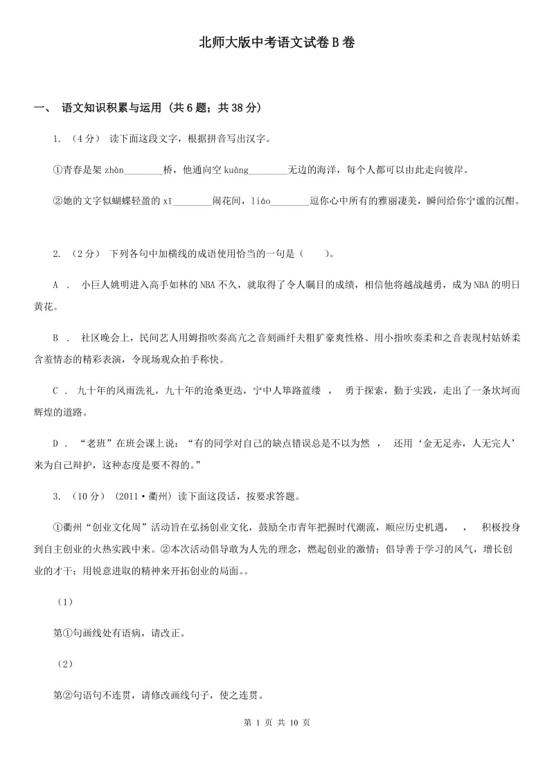 北师大版中考语文试卷B卷_第1页