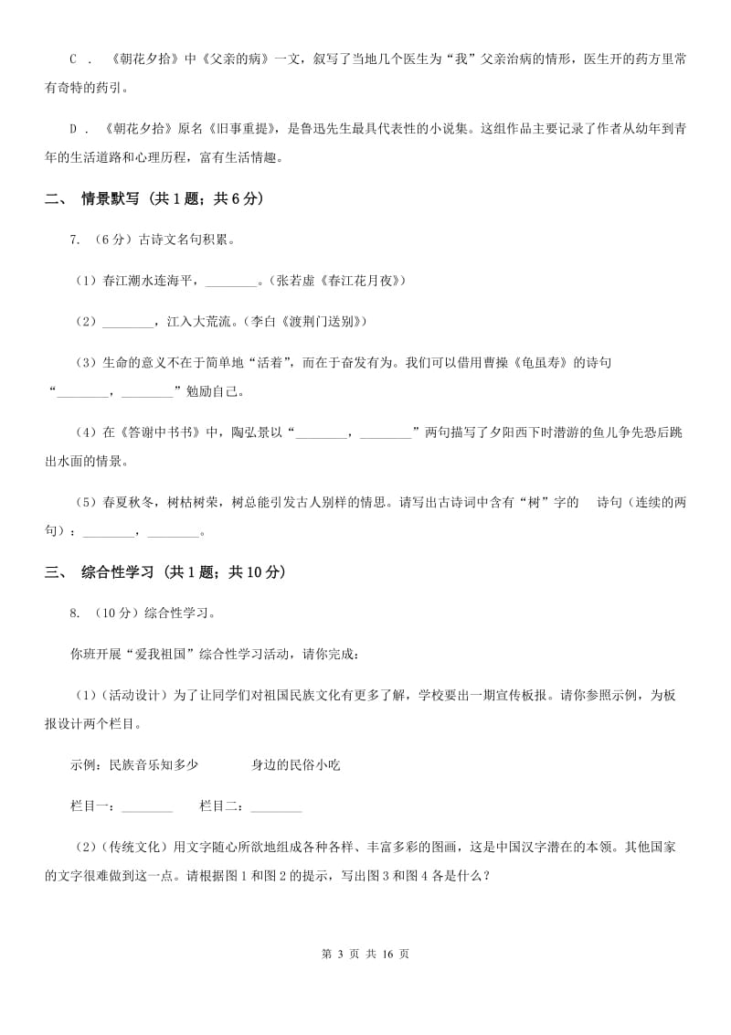 沪教版2020届九年级下学期语文学业水平模拟考试（一模）试卷B卷_第3页