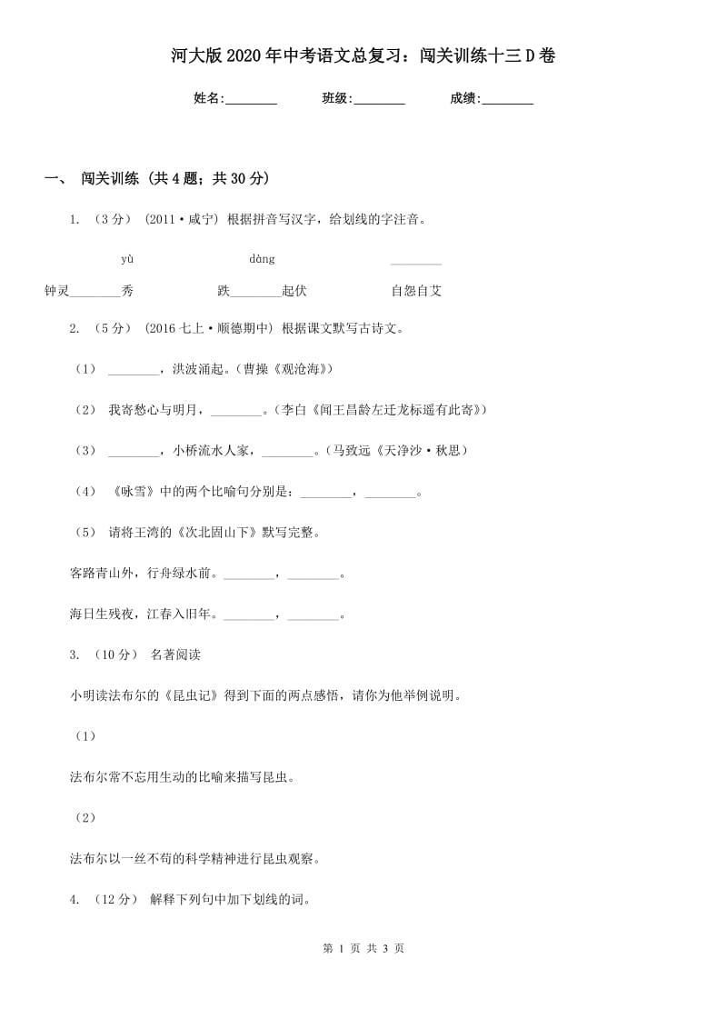 河大版2020年中考语文总复习：闯关训练十三D卷_第1页