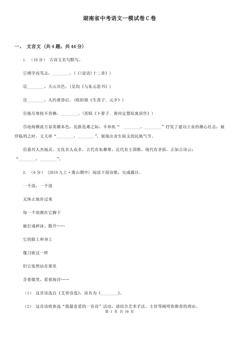 湖南省中考语文一模试卷C卷_第1页