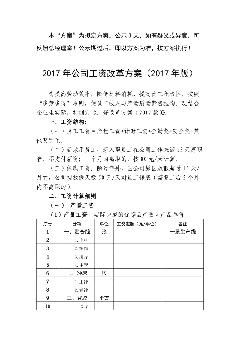 2017年公司产量工资改革方案(2017年版)_第1页