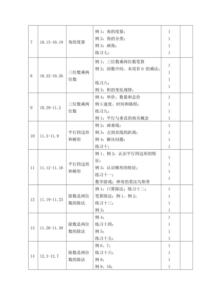 2018-2019数学四上教学进度表_第2页