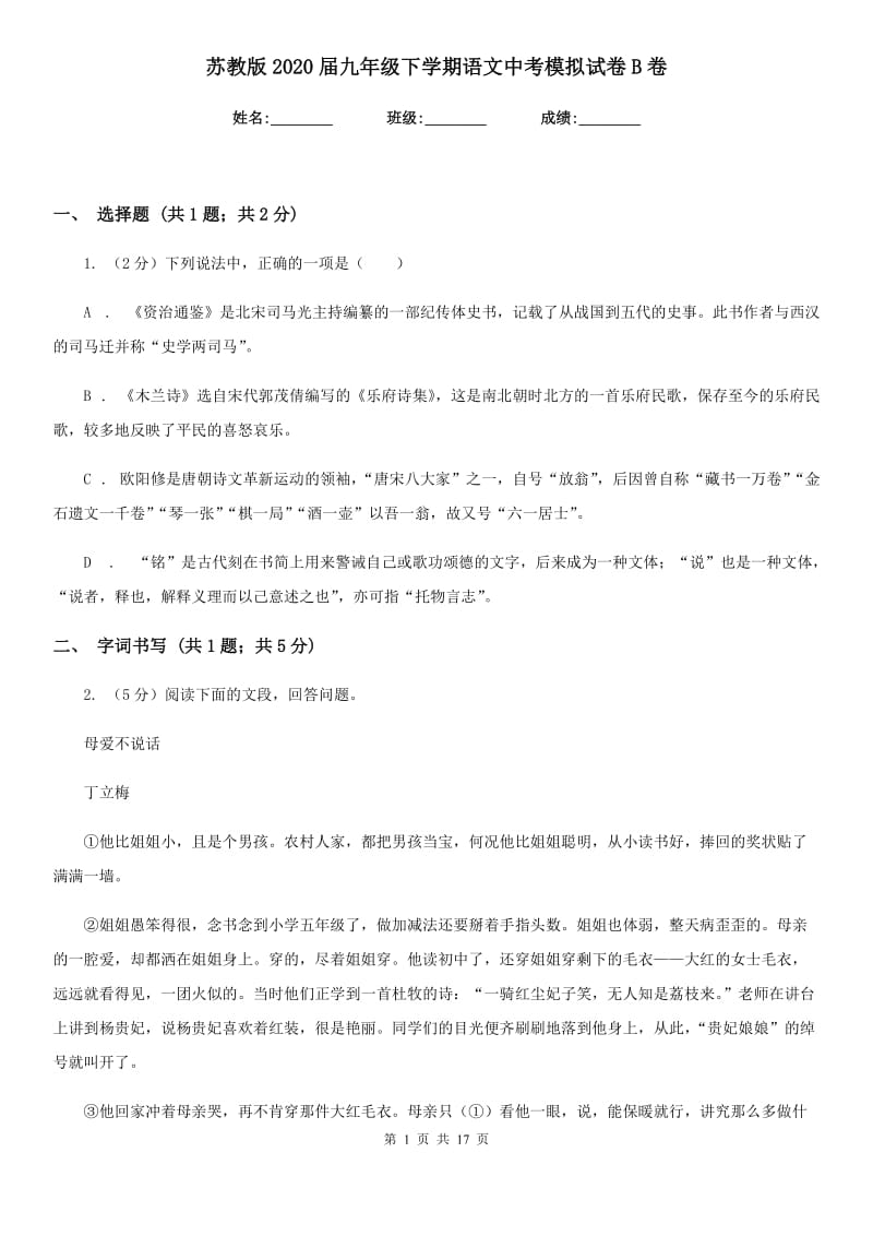 苏教版2020届九年级下学期语文中考模拟试卷B卷_第1页