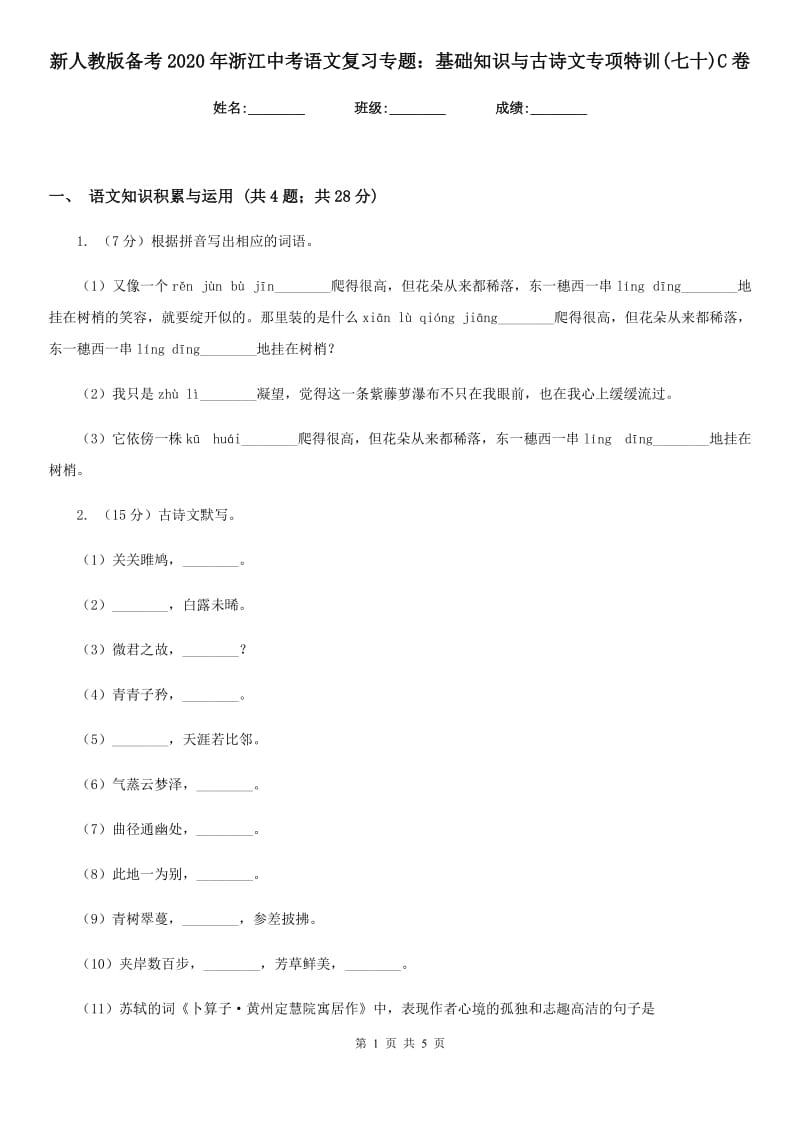 新人教版备考2020年浙江中考语文复习专题：基础知识与古诗文专项特训(七十)C卷_第1页